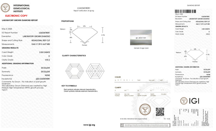 Diamant cultivé en laboratoire de 2,08 carats de taille hexagonale certifié IGI - VVS2, couleur D