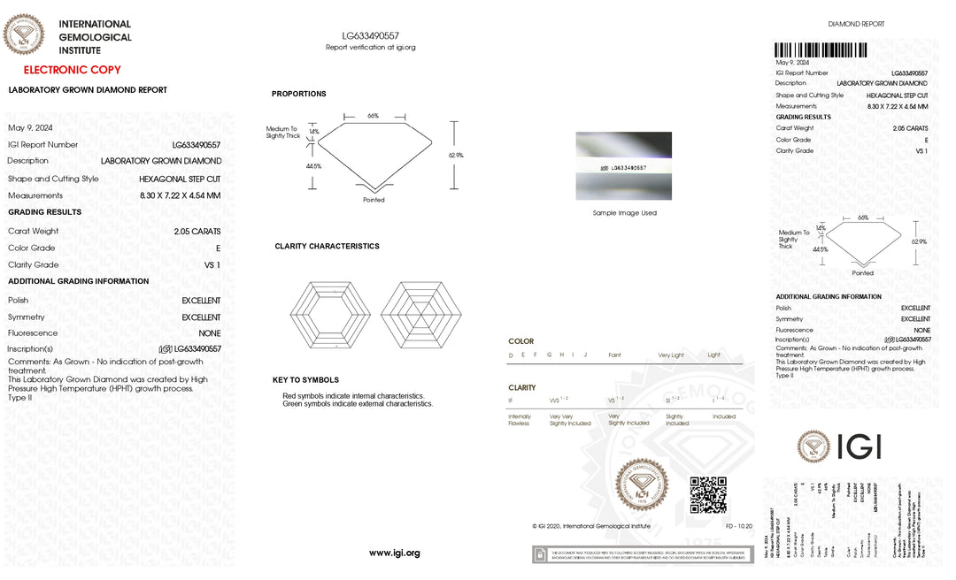 IGI-zertifizierter 2,05 Karat schwerer, im Labor gezüchteter Diamant, Hexagonalschliff, Farbe E, Reinheit VS1