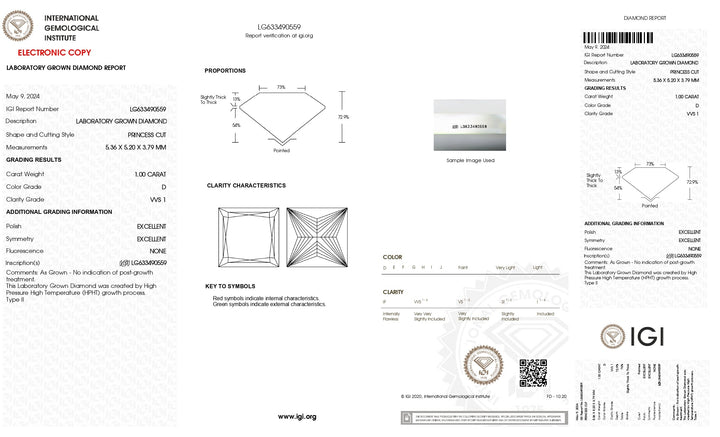 Diamant exquis cultivé en laboratoire Princess 1,00 CT - Certifié IGI, clarté VVS1, couleur D