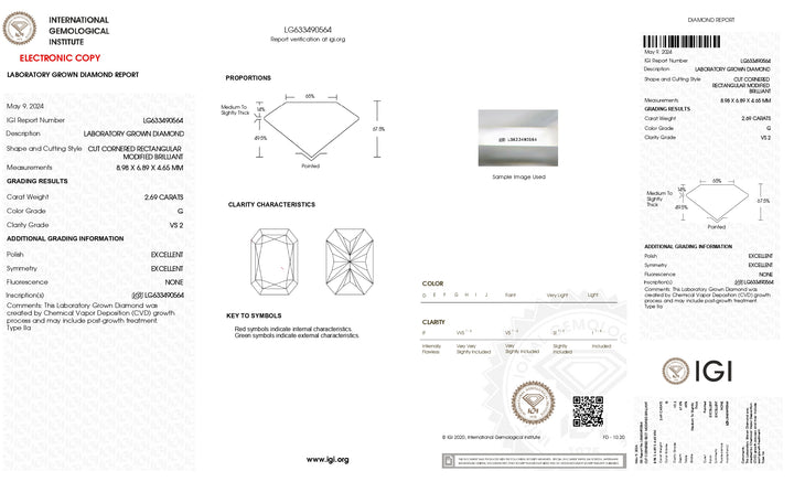 IGI Certified 2.69 CT Radiant Cut Lab-Grown Diamond - G Color, VS2 Clarity