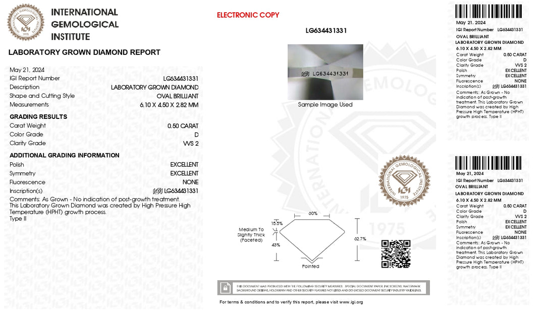 IGI Certified 0.50 CT Oval Cut Lab-Grown Diamond, VVS2 Clarity, D Color