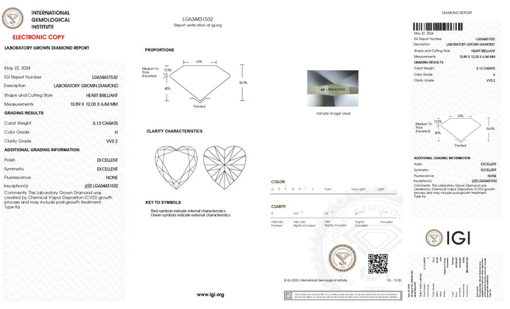 IGI-zertifiziert 5.13 CT Heart Cut Labor-Diamant, VVS2 Klarheit, h Farbe