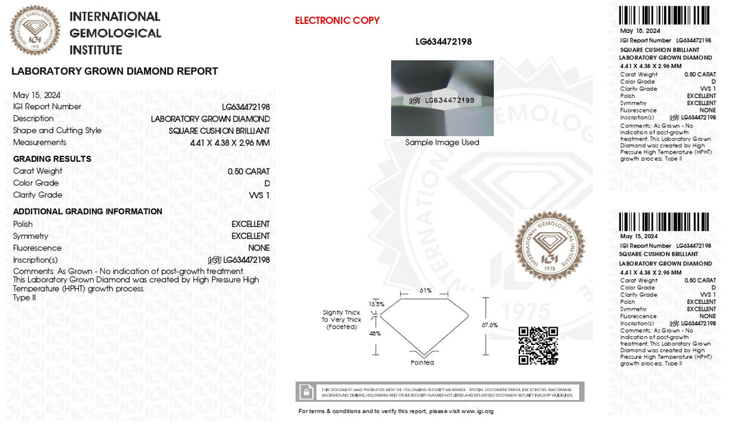 IGI certificat de 0,50 ct CT CUT LAB GROWN DIAMOND - CULOARE D, CLARITATE VVS1