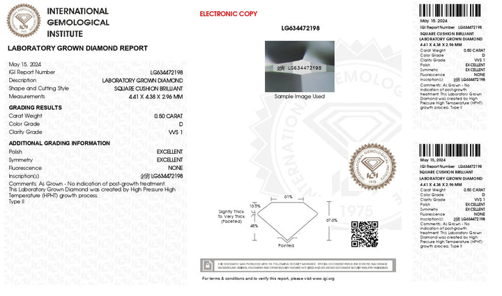 IGI Certified 0.50 CT CUSHION CUT LAB GROWN DAIMOND - D COLOR ، VVS1 Clarity