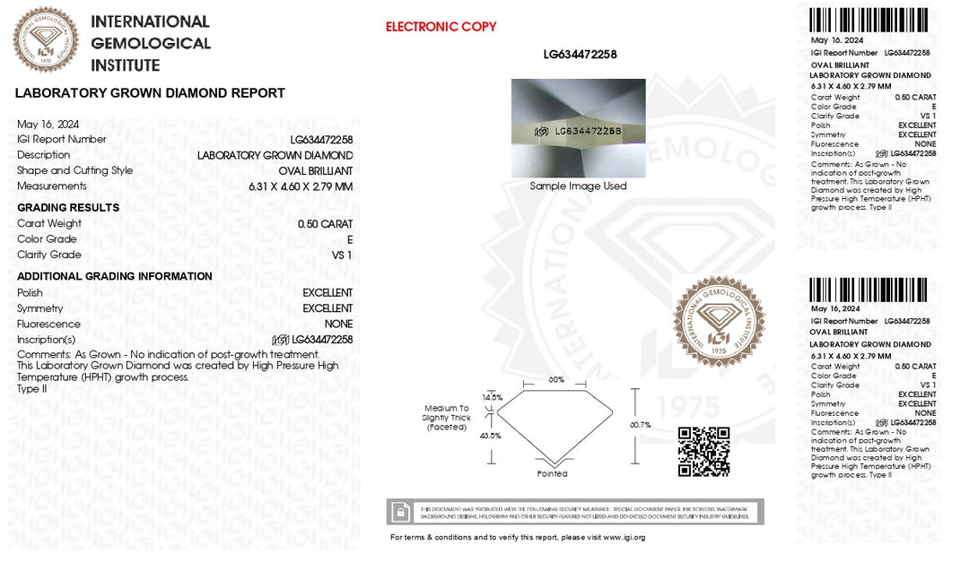 Radiant 0,50 CT Овальская лаборатория выращенная алмазная - Igi сертификация, четкость VS1, E Color