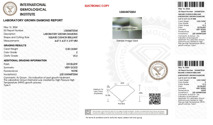 Zarif 0.50 CT Yastık Kesme Laboratuvarı Grown Diamond - IGI Sertifikalı, VS2 Clarity, E Renk