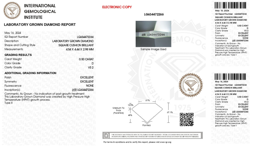 IGI Sertifikalı 0.50 CT Yastık Kesme Laboratuvarı Grown Diamond - D Renk, VS2 Clarity