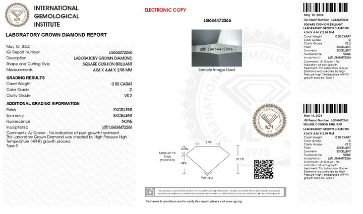 IGI certificeret 0,50 ct pude skåret lab dyrket diamant - D farve, VS2 klarhed