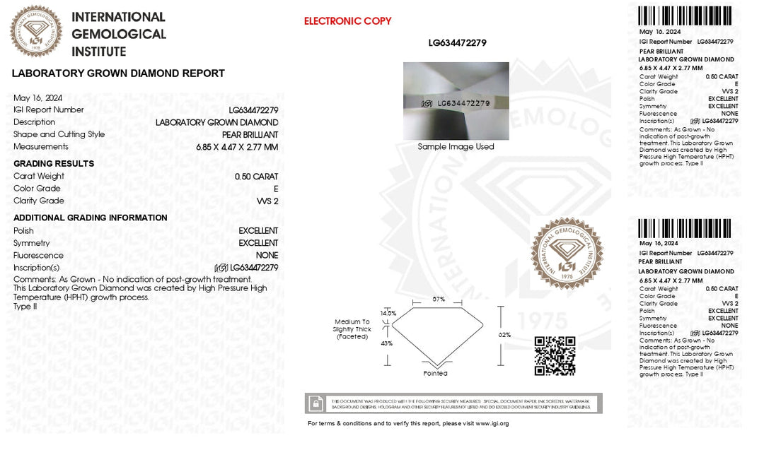 IGI -sertifisert 0,50 CT Pear Cut Lab -dyrket diamant - E -farge, VVS2 klarhet