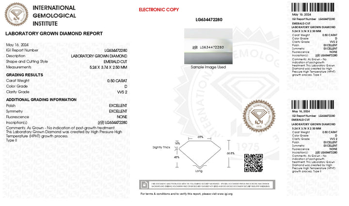 Strålende 0,50 CT Emerald Cut Lab -dyrket diamant - IGI -sertifisert, VVS2 klarhet, D -farge