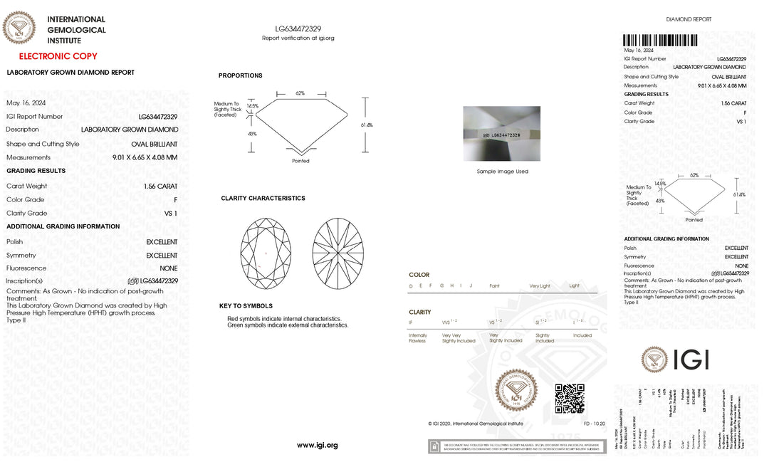 IGI-zertifizierter 1,56 Karat ovaler, im Labor gezüchteter Diamant | Farbe F, Reinheit VS1, HPHT