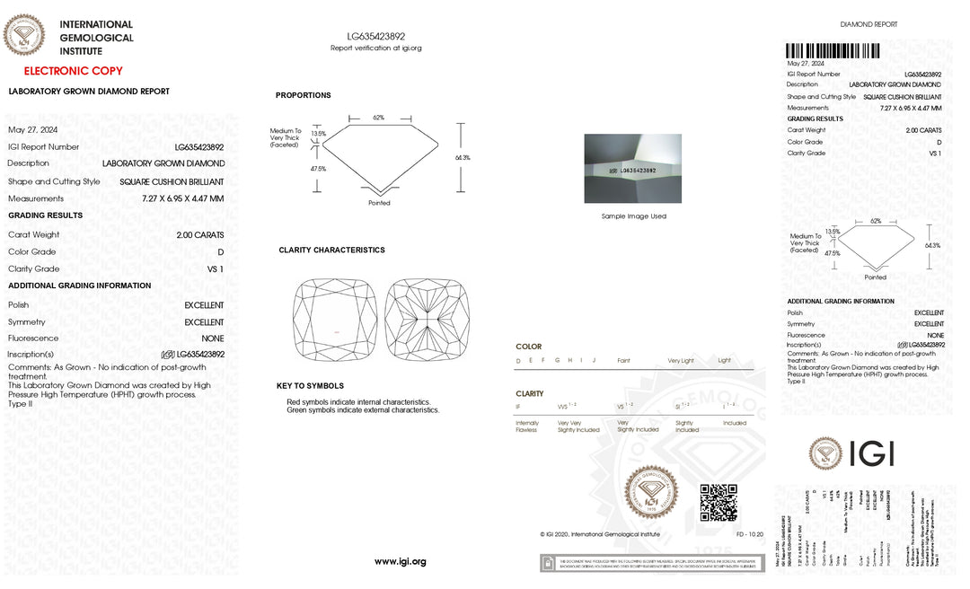 IGI Certified 2.00 Carat Cushion Cut Lab-Grown Diamond - D Color, VS1 Clarity, Excellent Polish