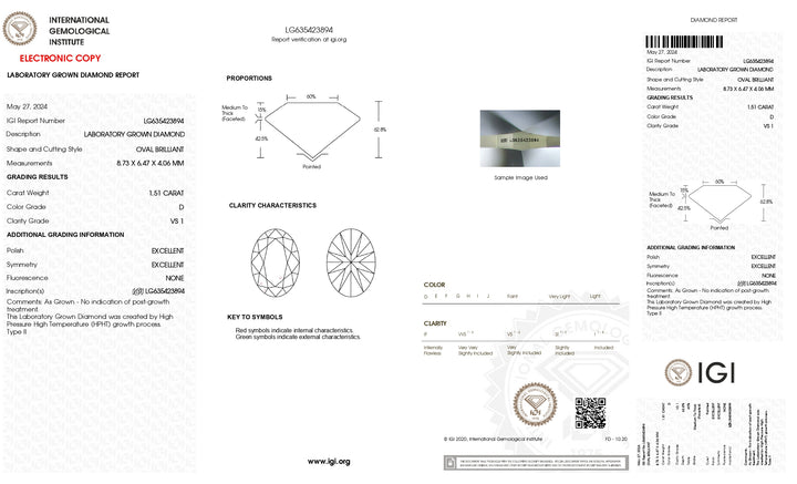 IGI Certified 1.51 CT D Color VS1 Oval Cut HPHT Lab-Grown Diamond