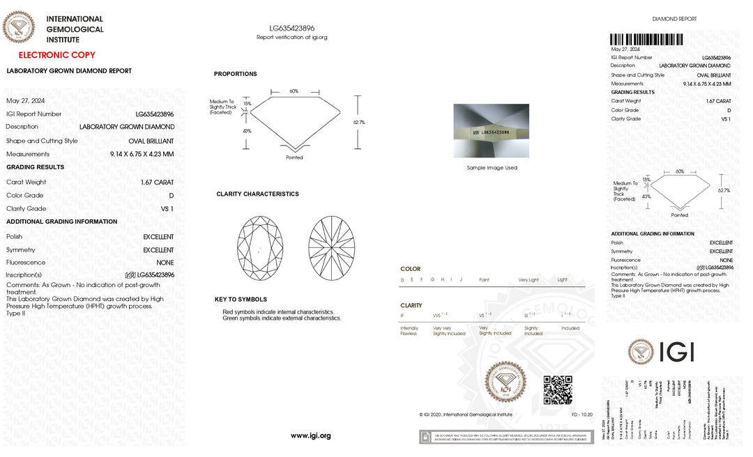 IGI-zertifizierter 1,67 Karat ovaler Labordiamant – Reinheit VS1, Farbe D