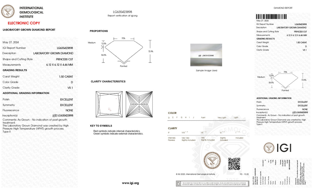 Diamant de laboratoire taille princesse certifié IGI de 1,50 ct - Clarté VS1, couleur E