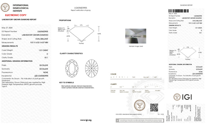 IGI Certified 1.51 CT D Color VS1 Oval HPHT Lab-Grown Diamond