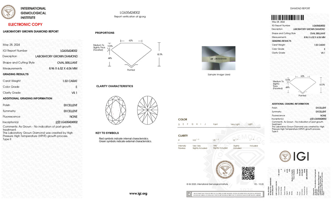 IGI Certified 1.53 CT Oval Cut Lab-Grown Diamond - E Color, VS1 Clarity