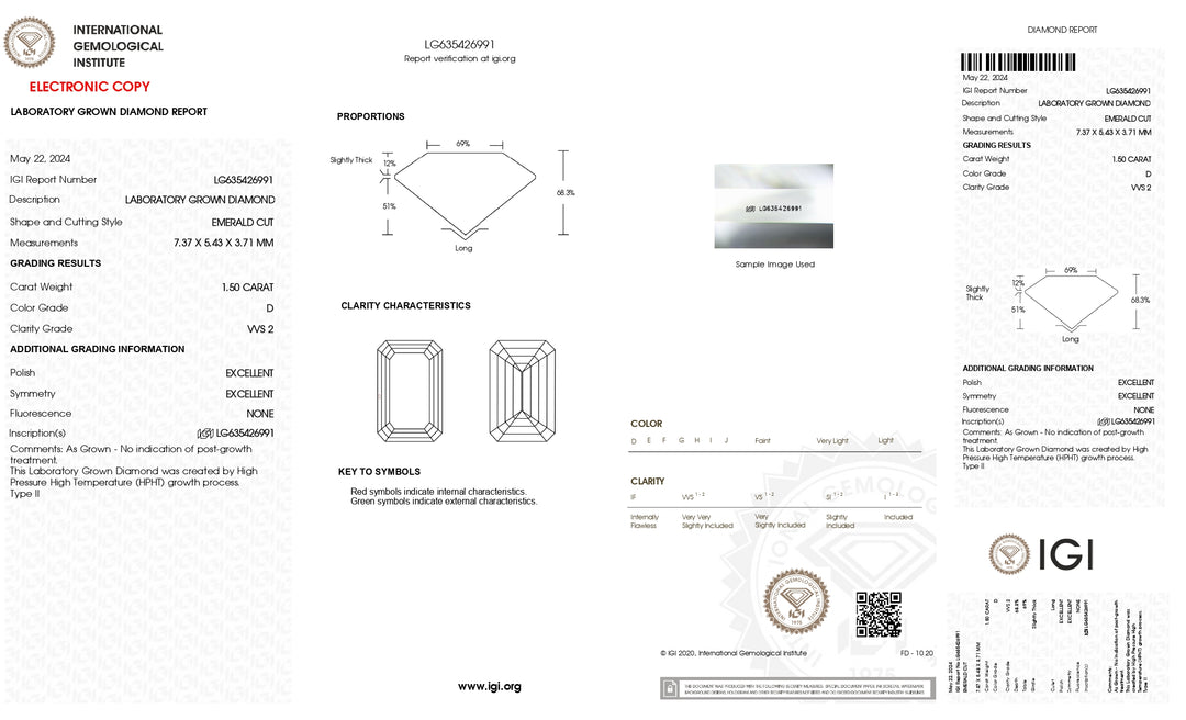 Diamant de laboratoire taille émeraude certifié IGI de 1,50 ct, couleur D, pureté VVS2