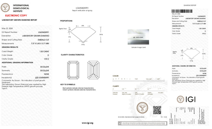 Diamant de laboratoire taille émeraude certifié IGI de 1,50 ct, couleur D, pureté VVS2