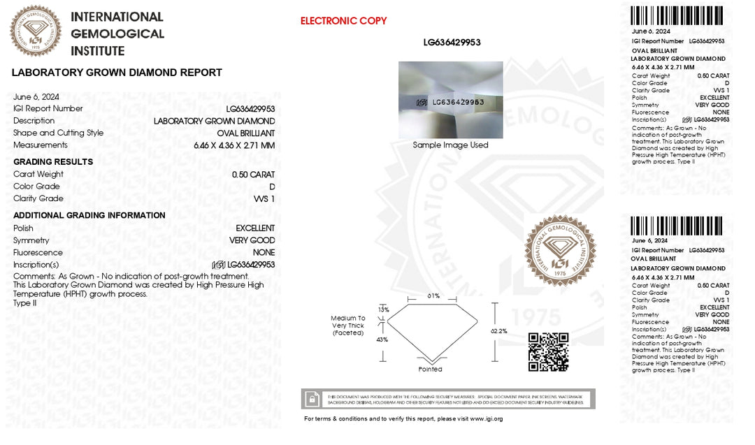 IGI Certified 0.50 CT Oval Cut Lab-Grown Diamond - D Color, VVS1 Clarity