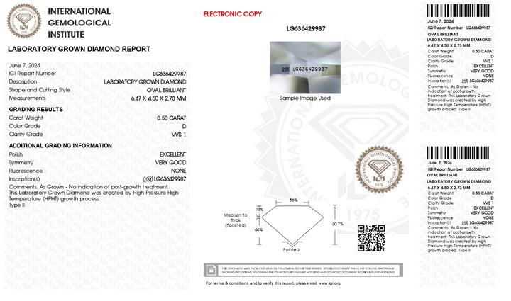 IGI certificat de 0,50 ct oval tăiat laborator Diamond - D, culoare D, Claritate VVS1 (tehnologie HPHT)