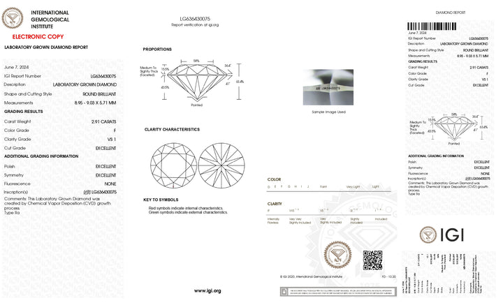 IGI Certified 2.91 CT Round Cut Lab Grown Diamond – VS1 Clarity, F Colo