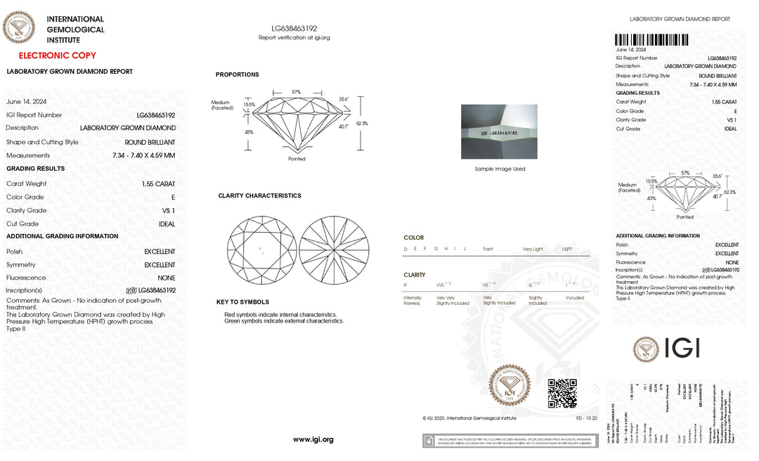 IGI-zertifizierter 1,55 Karat runder, im Labor gezüchteter Diamant – Reinheit VS1, Farbe E, idealer Schliff
