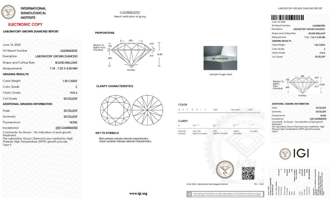 Diamant de laboratoire à taille ronde de 1,50 ct - Certifié IGI, couleur E, pureté VVS2, excellente taille