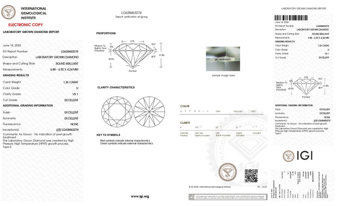 IGI Certified 1.26 CT Round Lab-Grown Diamond – H Color, VS1 Clarity, Excellent Cut