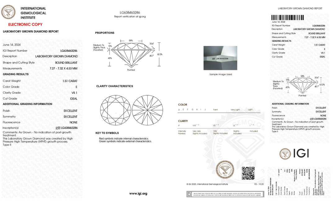 IGI Certified 1.51 CT Round Cut Lab-Grown Diamond - E Color, VS1 Clarity, Ideal Cut