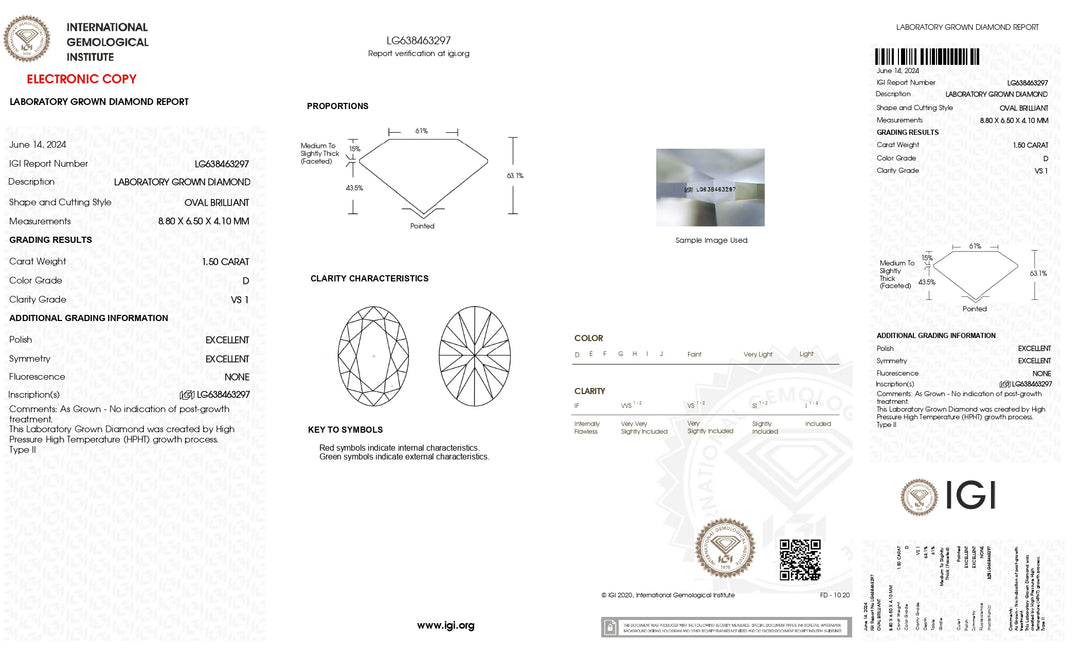 Diamant de laboratoire à taille ovale certifié IGI de 1,50 ct - Couleur D, pureté VS1, HPHT