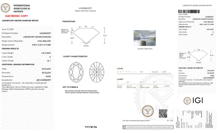 Diamant de laboratoire à taille ovale certifié IGI de 1,50 ct - Couleur D, pureté VS1, HPHT