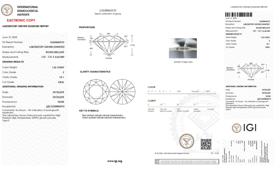 IGI معتمد 1.62 CT Round Round Diamond -Grading Lab - VS1 Clarity ، E Color ، Mealled Cut