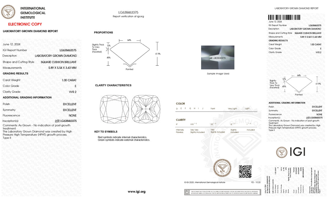 IGI Certified 1.00 CT Cushion-Cut Lab-Grown Diamond - VVS2 Clarity, E Color, Excellent Polish