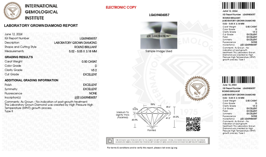 IGI-zertifizierter, runder, im Labor gezüchteter Diamant im Wert von 0,50 Karat – Farbe D, Reinheit VS2, idealer Schliff