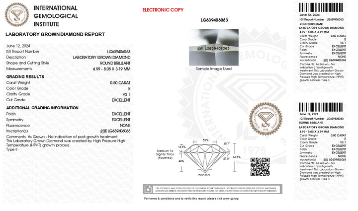 IGI-zertifizierter, im Labor gezüchteter Diamant im Rundschliff (0,50 Karat) – Farbe E, Reinheit VS1, hervorragender Schliff und Politur