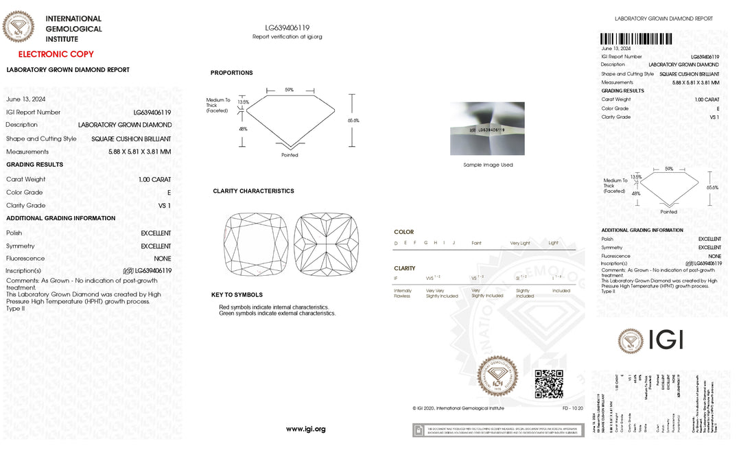 IGI Certified 1.00 Carat Cushion Brilliant Cut Lab-Grown Diamond - E Color, VS1 Clarity, Excellent Polish