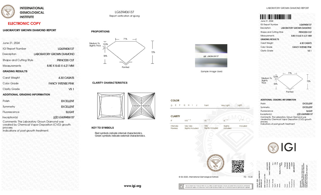 IGI Certified 4.30 CT Princess Cut Lab-Grown Diamond – VS1 Clarity, Fancy Intense Pink Color