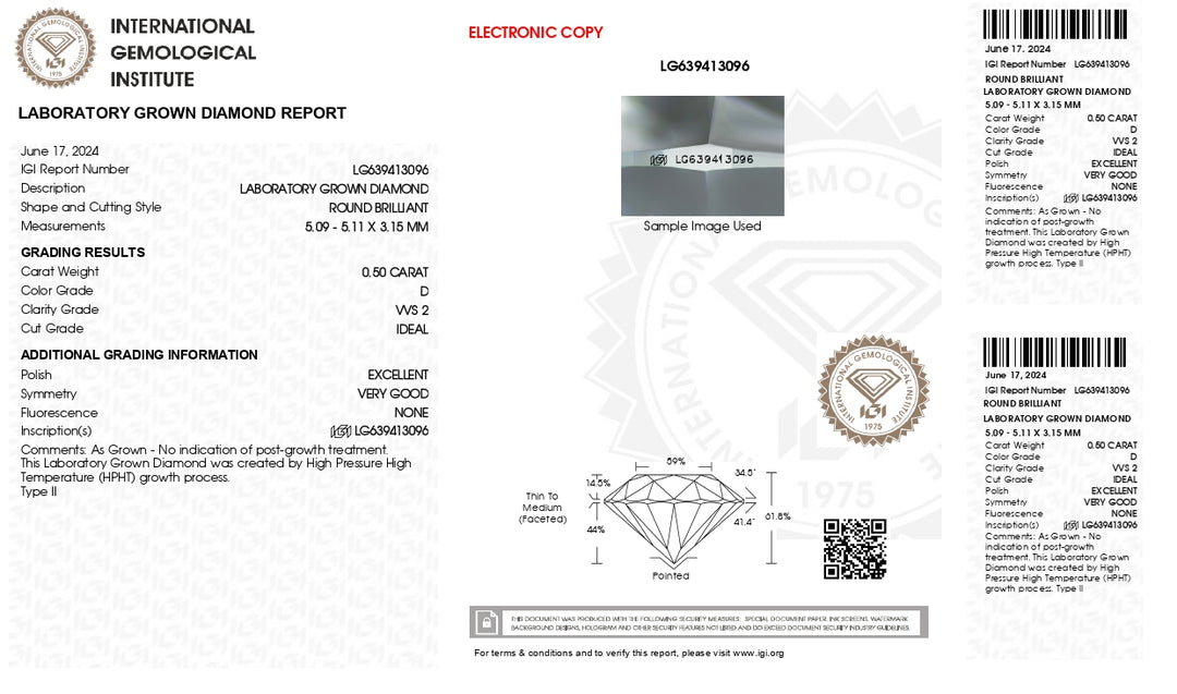 IGI-zertifizierter, runder, im Labor gezüchteter Diamant im Farbton D VVS2, 0,50 Karat, idealer Schliff