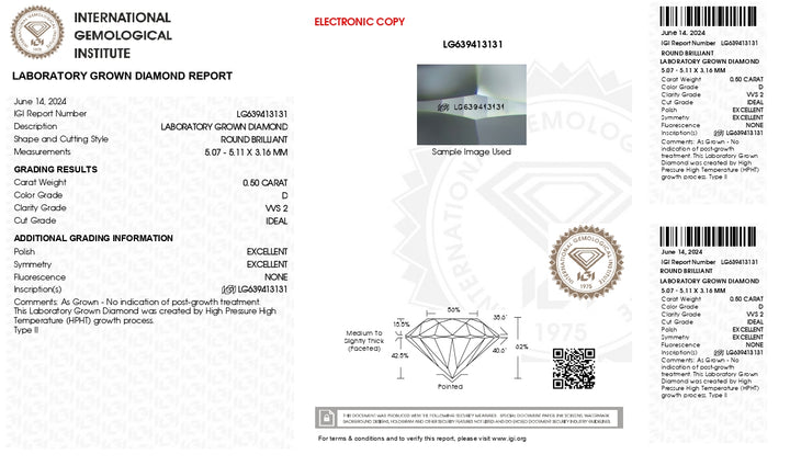 IGI-zertifizierter, im Labor gezüchteter Diamant im Rundschliff, 0,50 Karat – Farbe D, Reinheit VVS2, idealer Schliff