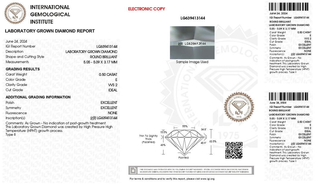 IGI-zertifizierter, runder, im Labor gezüchteter Diamant im Wert von 0,50 Karat – Farbe E, Reinheit VVS2, idealer Schliff