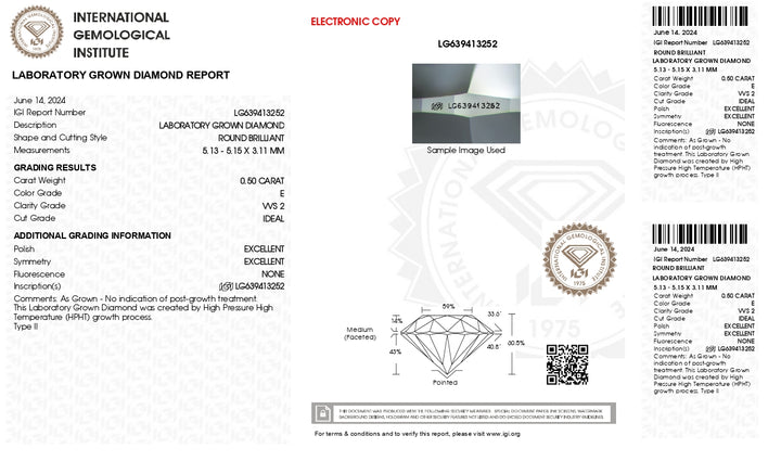 IGI-zertifizierter, runder, im Labor gezüchteter Diamant im Wert von 0,50 Karat – Farbe E, Reinheit VVS2, idealer Schliff