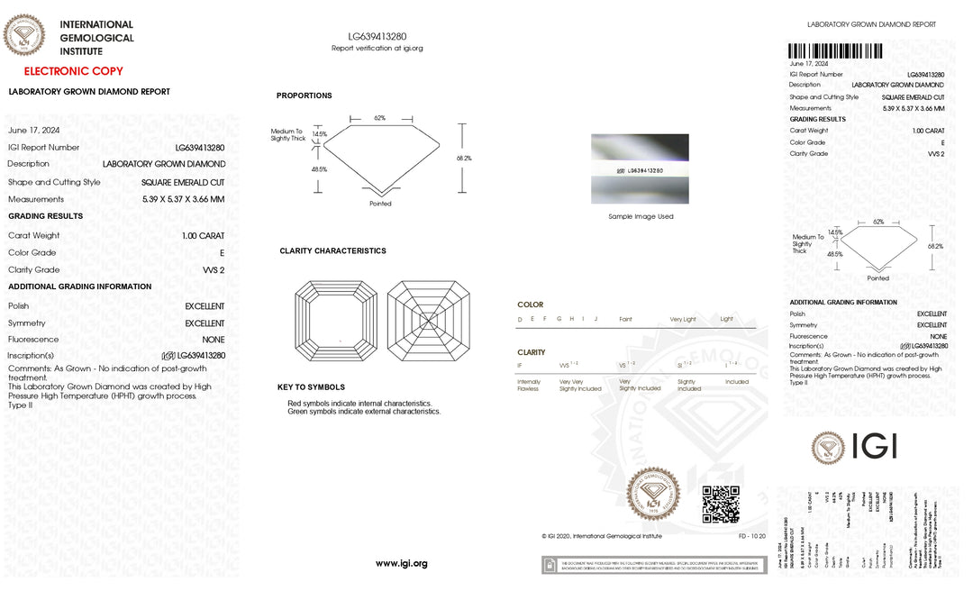 IGI Certified 1.00 CT Square Emerald Cut Lab-Grown Diamond - VVS2 Clarity, E Color