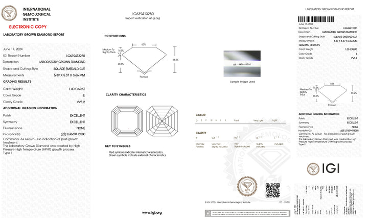 IGI Certified 1.00 CT Square Emerald Cut Lab-Grown Diamond - VVS2 Clarity, E Color