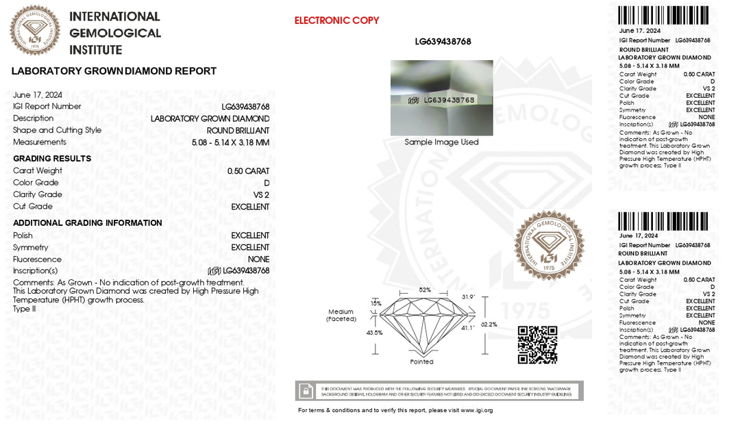 IGI-zertifizierter, runder, im Labor gezüchteter Diamant im Wert von 0,50 Karat – Farbe D, Reinheit VS2, exzellenter Schliff