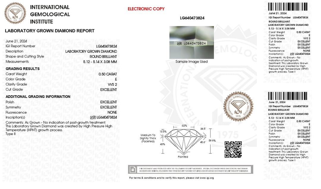 Diamant rond de 0,50 carat cultivé en laboratoire certifié IGI - Couleur E, pureté VVS2, excellente taille