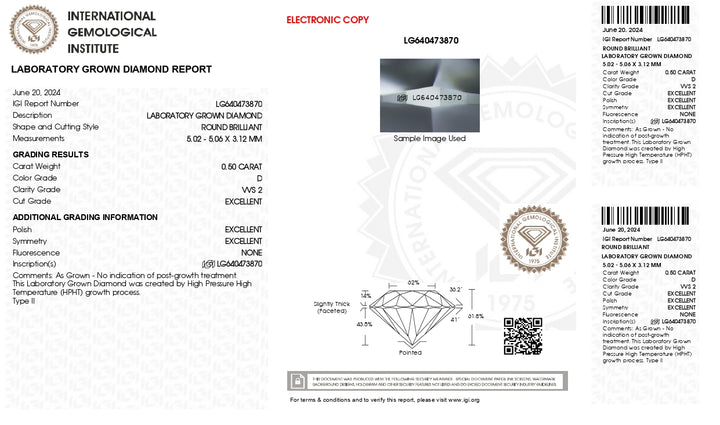 IGI Certified 0.50 Carat Round Cut Lab-Grown Diamond - VVS2 Clarity, D Color