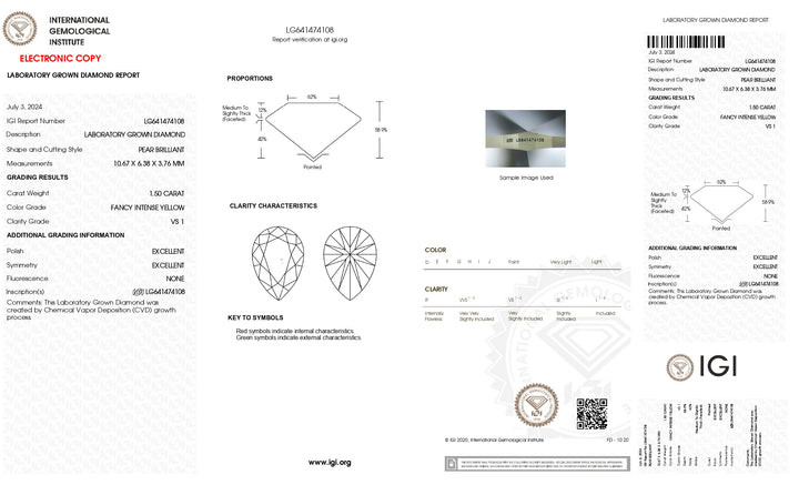 Diamant de laboratoire taille poire certifié IGI de 1,50 ct - Clarté VS1, couleur jaune intense fantaisie