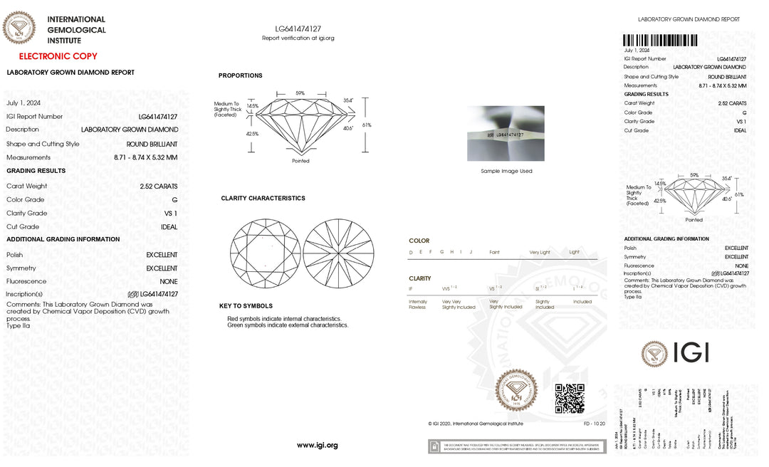 IGI Certified 2.52 CT Round Cut Lab-Grown Diamond - VS1 Clarity, G Color, Ideal Cut