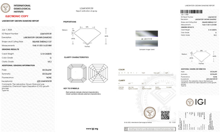 IGI Certified 5.10 CT Square Emerald Cut Lab-Grown Diamond - VS2 Clarity, G Color